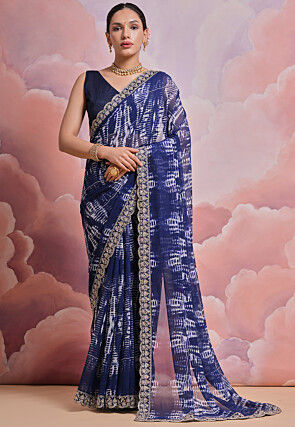 Tie Dyed Georgette Scalloped Saree in Navy Blue