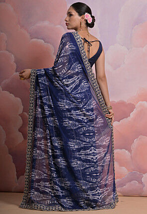 Tie Dyed Georgette Scalloped Saree in Navy Blue