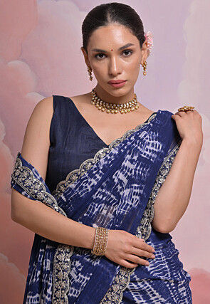 Tie Dyed Georgette Scalloped Saree in Navy Blue