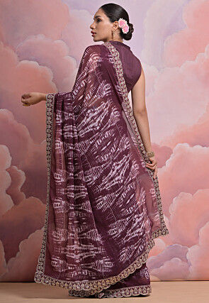 Tie Dyed Georgette Scalloped Saree in Wine