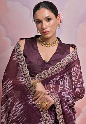 Tie Dyed Georgette Scalloped Saree in Wine
