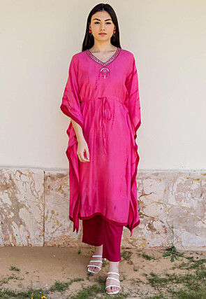 Tie Dyed Modal Silk Kaftan Kurta Set in Pink