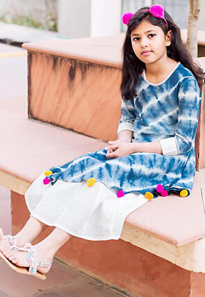 Tie Dyed Pure Cotton Layered Kurta in Blue and White