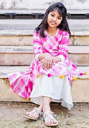 Tie Dyed Pure Cotton Layered Kurta in Pink and White