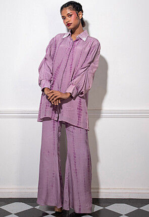 Tie Dyed Pure Crepe Tunic Set in Purple