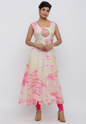Tie Dyed Pure Kota Silk Anarkali Kurta in Off White and Pink