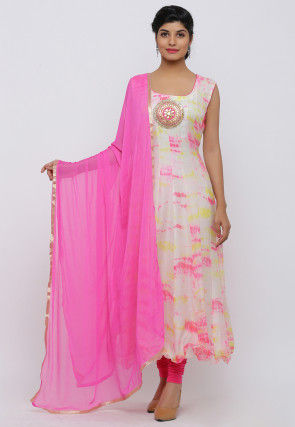 Tie Dyed Pure Kota Silk Anarkali Suit in Off White and Pink