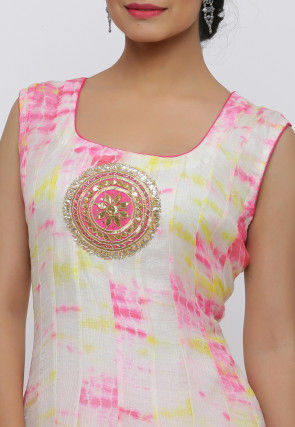 Tie Dyed Pure Kota Silk Anarkali Suit in Off White and Pink