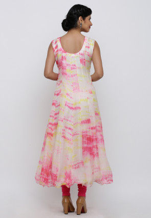 Tie Dyed Pure Kota Silk Anarkali Suit in Off White and Pink