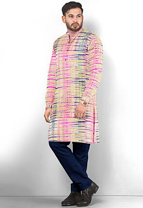 Tie Dyed Pure Silk Kurta Set in Multicolor