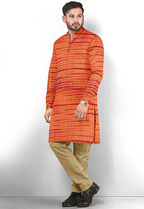 Tie Dyed Pure Silk Kurta Set in Orange
