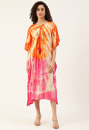 Tie Dyed Rayon Clinched Waist Kaftan in Orange and Pink