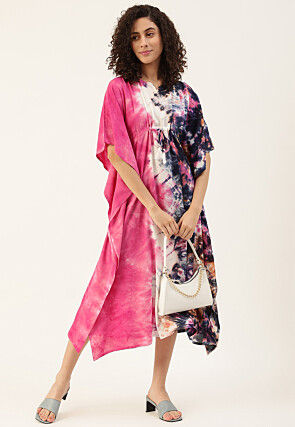 Tie Dyed Rayon Clinched Waist Kaftan in Pink and Navy Blue