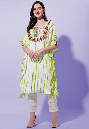 Tie Dyed Rayon Kaftan Style Kurta in Off White and Green