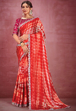 Tie Dyed Satin Georgette Saree in Red