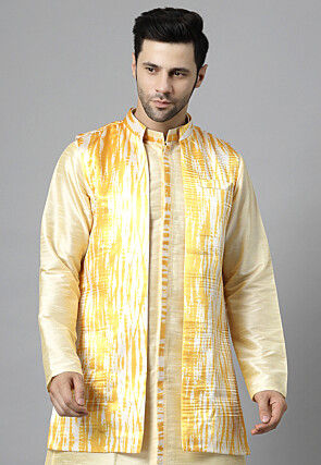 Tie Dyed Satin Nehru Jacket in Off White and yellow