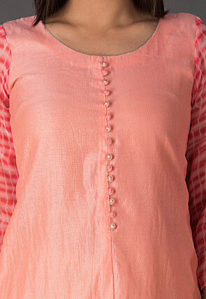 Tie Dyed Sleeve Chanderi Silk Pakistani Suit in Peach