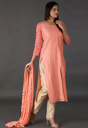 Tie Dyed Sleeve Chanderi Silk Pakistani Suit in Peach