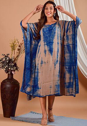 Tie Dyed Viscose Rayon Kaftan in Beige and Royal Blue