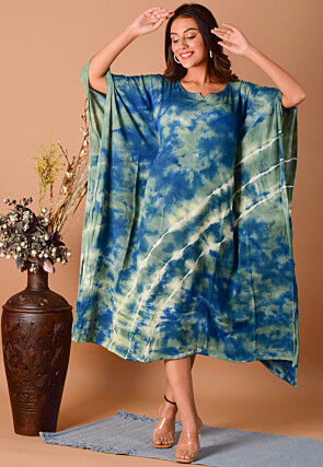 Tie Dyed Viscose Rayon Kaftan in Blue and Dusty Green