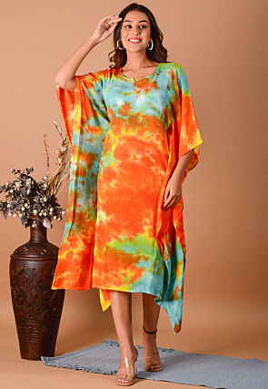Tie Dyed Viscose Rayon Kaftan in Orange and Blue