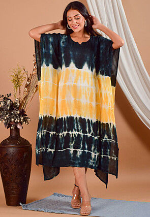 Tie Dyed Viscose Rayon Kaftan in Yellow and Navy Blue