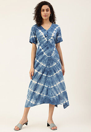 Tie Dyed Viscose Rayon Midi Dress in Light Blue
