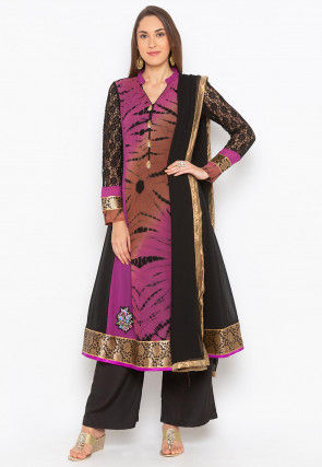 Tie N Dye Georgette Pakistani Suit in Purple and Black