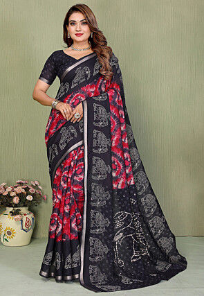 Tie n Dye Mul Cotton Saree in Fuchsia and Grey