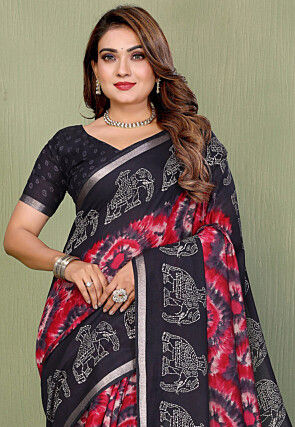 Tie n Dye Mul Cotton Saree in Fuchsia and Grey