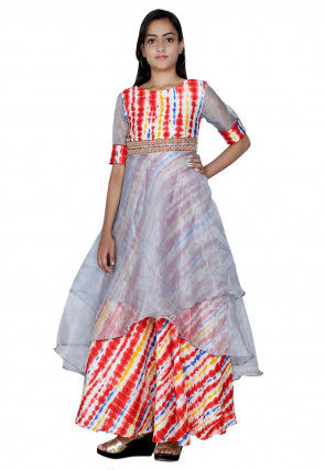 Tie N Dye Printed Bhagalpuri Silk Layered Gown in Multicolor