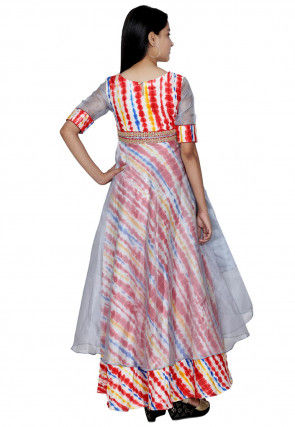 Tie N Dye Printed Bhagalpuri Silk Layered Gown in Multicolor