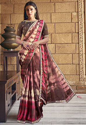 Tie N Dye Printed Crepe Georgette Saree in Brown