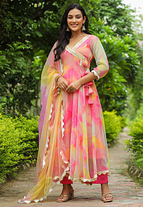 Tie N Dye Printed Pure Chiffon Angrakha Style Aline Suit in Pink