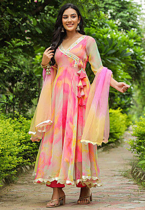Tie N Dye Printed Pure Chiffon Angrakha Style Aline Suit in Pink