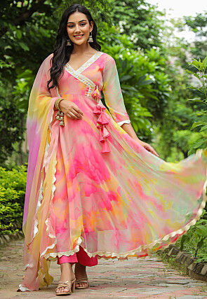 Tie N Dye Printed Pure Chiffon Angrakha Style Aline Suit in Pink