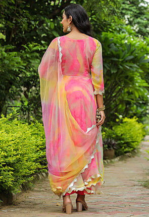 Tie N Dye Printed Pure Chiffon Angrakha Style Aline Suit in Pink