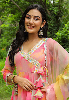 Tie N Dye Printed Pure Chiffon Angrakha Style Aline Suit in Pink