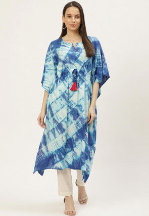 Tie N Dye Rayon Clinched Waist Kaftan in Blue and Off White