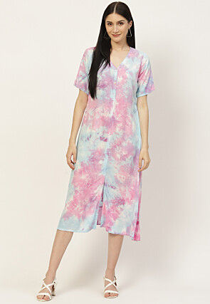 Tie N Dye Rayon Front Slit Midi Dress in Light Pink and Sky Blue