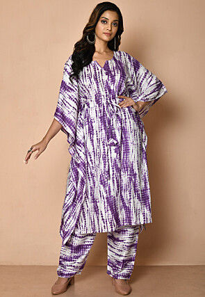 Tie N Dye Rayon Kaftan Style Kurta Set in Purple and White