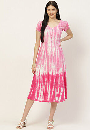 Tie N Dye Rayon Midi Dress in Pink