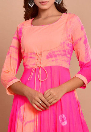 Tie N Dyed Chiffon Layered Maxi Dress in Fuchsia and Peach