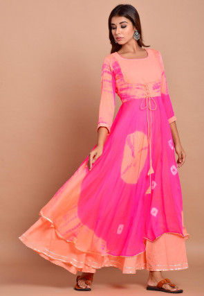 Tie N Dyed Chiffon Layered Maxi Dress in Fuchsia and Peach