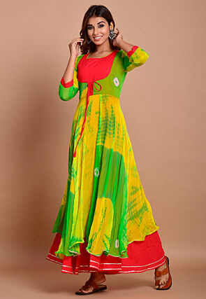 Tie N Dyed Chiffon Layered Maxi Dress in Yellow and Green