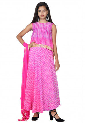 Tie N Dyed Georgette Layered A Line Suit in Pink
