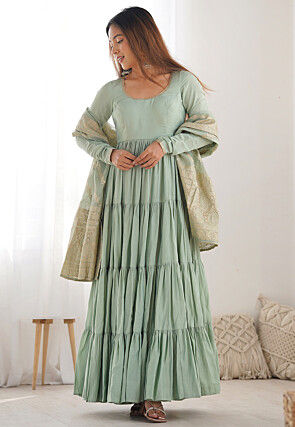 Tiered Chanderi Silk Abaya Style Suit in Dusty Green