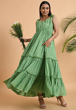 Pure Cotton Full Length Tiered Dress, Women Cotton Dress