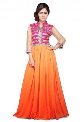 Embroidered Georgette Gown in Orange Ombre and Fuchsia