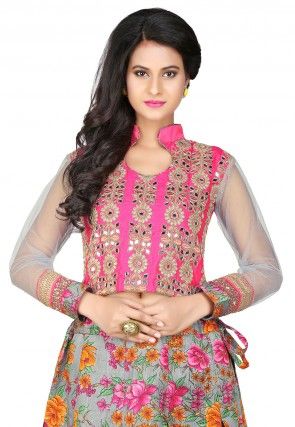 Embroidered Art Dupion Silk and Net Crop Top in Fuchsia